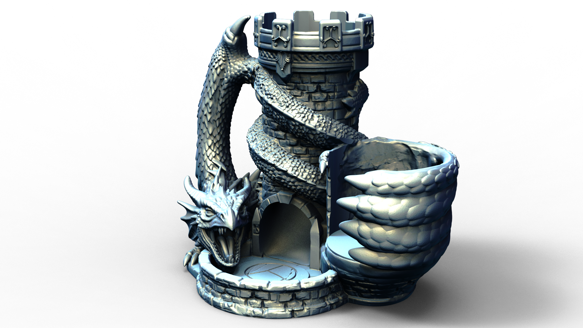 Combined dice tower and can holder with dragon wrapped around it