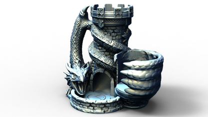 Combined dice tower and can holder with dragon wrapped around it