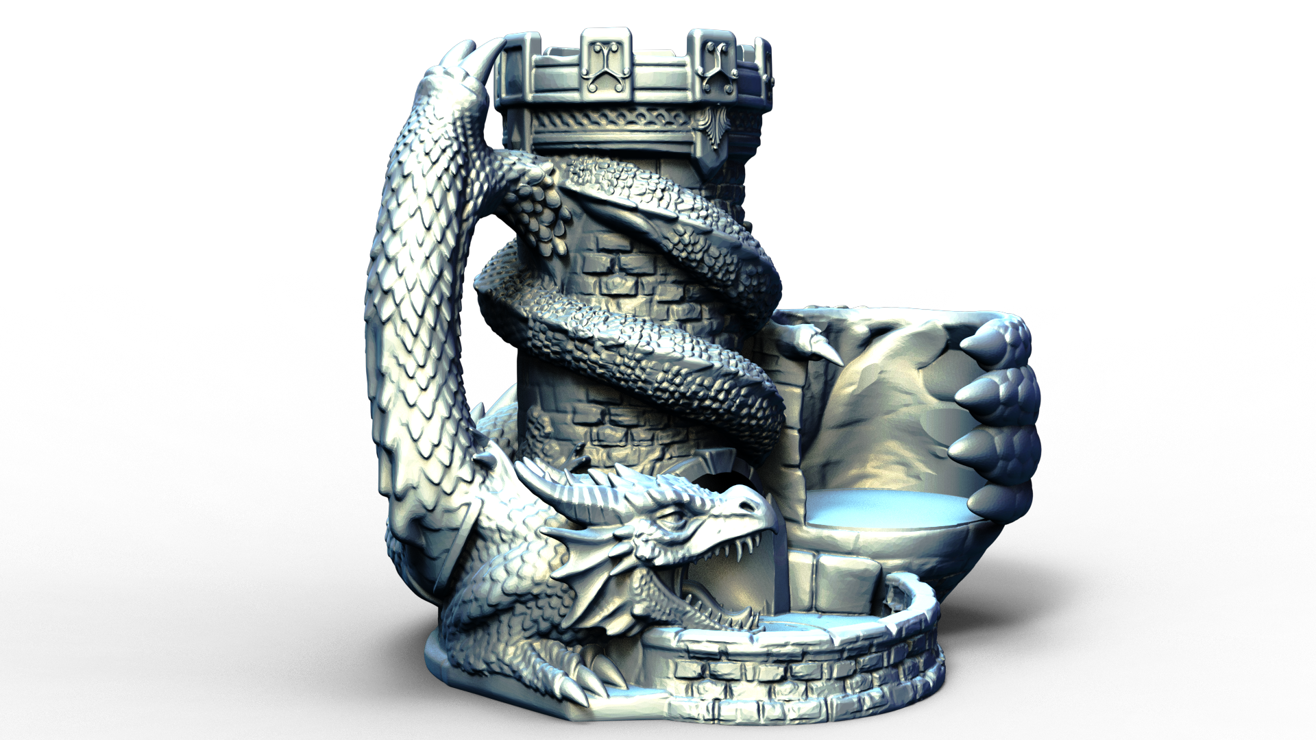 Combined dice tower and can holder with dragon wrapped around it