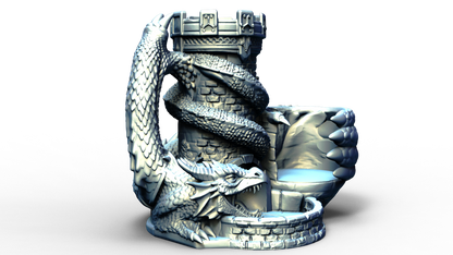 Combined dice tower and can holder with dragon wrapped around it