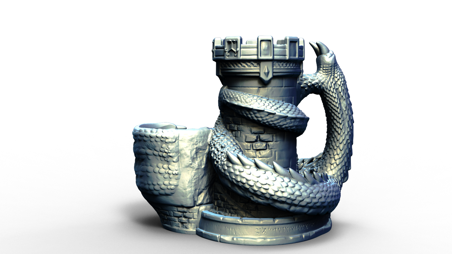 Combined dice tower and can holder with dragon wrapped around it