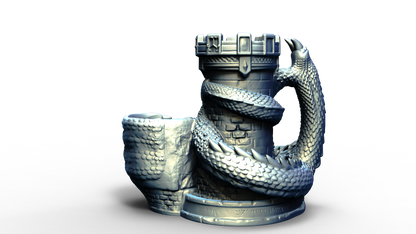 Combined dice tower and can holder with dragon wrapped around it