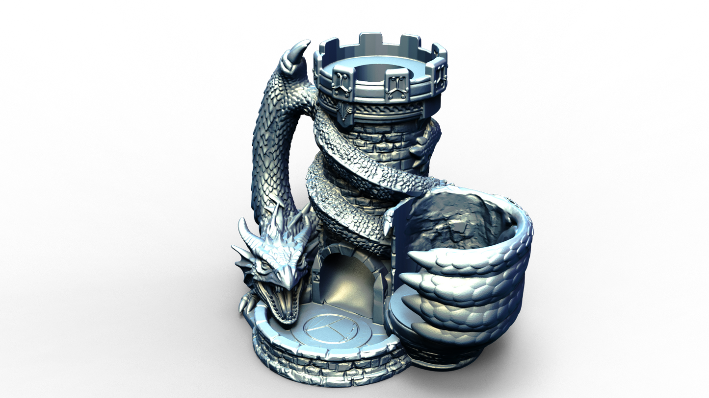 Combined dice tower and can holder with dragon wrapped around it