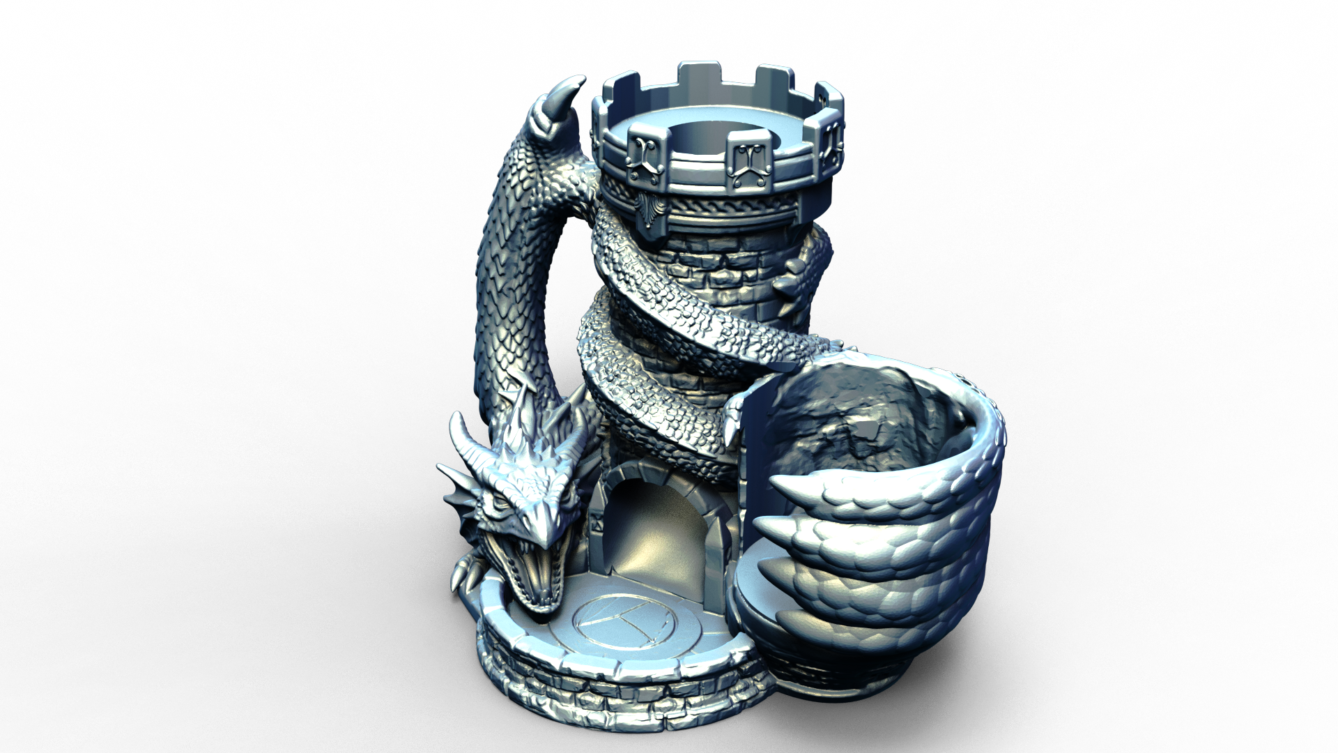 Combined dice tower and can holder with dragon wrapped around it