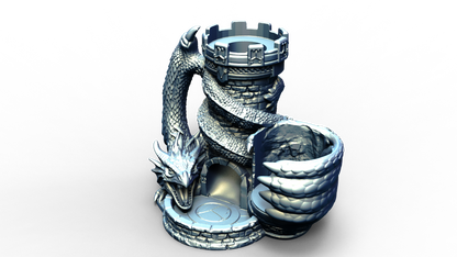 Combined dice tower and can holder with dragon wrapped around it
