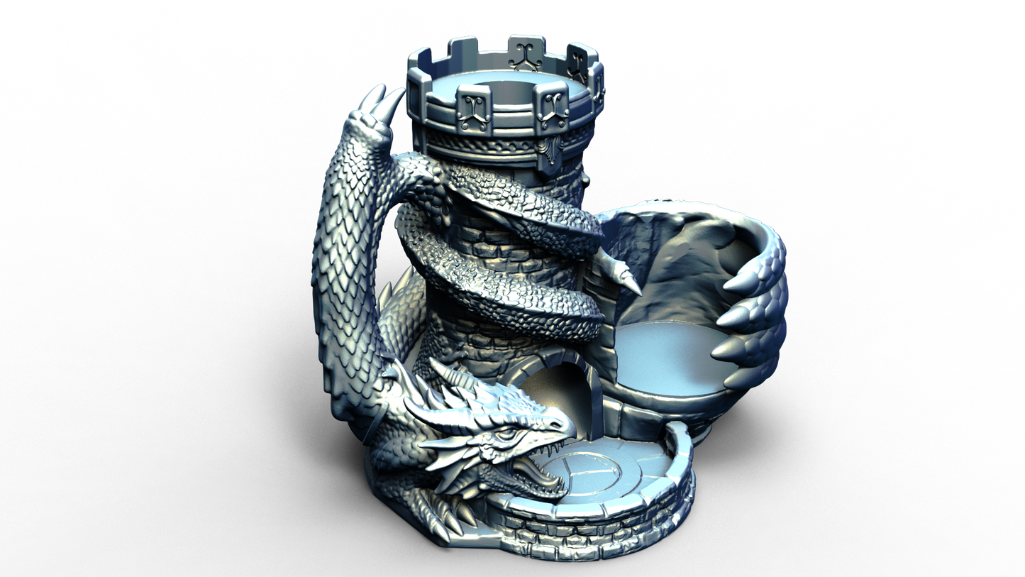 Combined dice tower and can holder with dragon wrapped around it