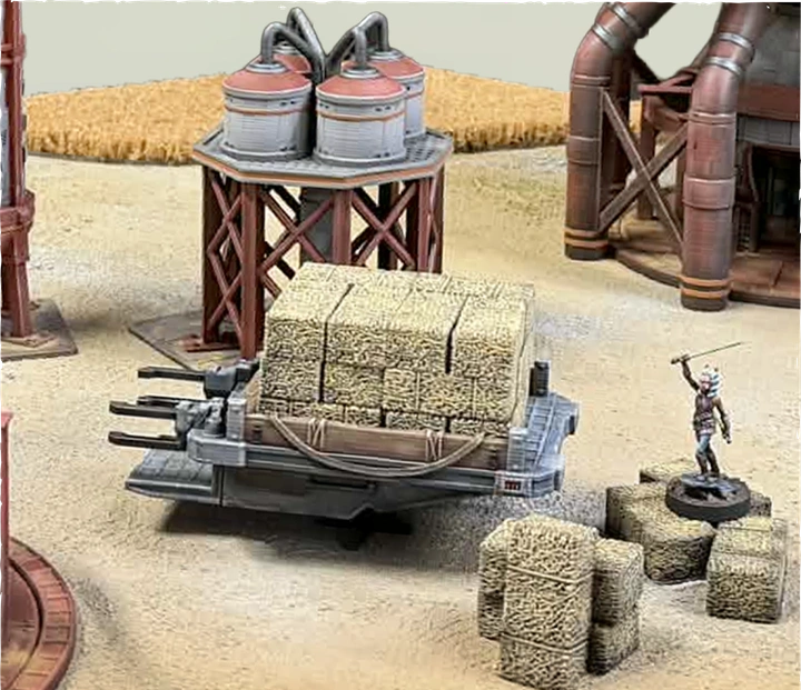 Star Wars Shatterpoint terrain and Star Wars Legion terrain settlement building in tabletop battle scene