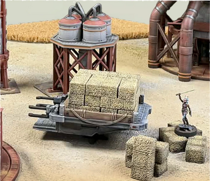 Star Wars Shatterpoint terrain and Star Wars Legion terrain settlement building in tabletop battle scene