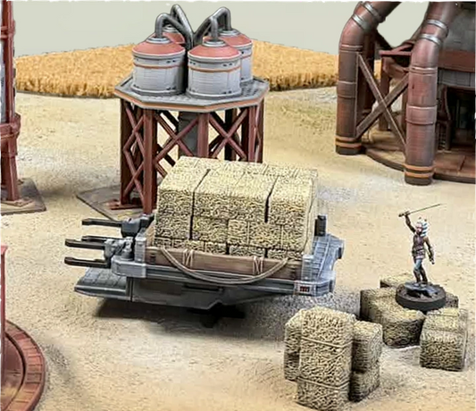 Star Wars Shatterpoint terrain and Star Wars Legion terrain settlement building in tabletop battle scene