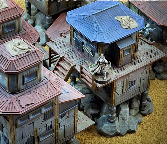 Star Wars Shatterpoint terrain and Star Wars Legion terrain settlement building in tabletop battle scene