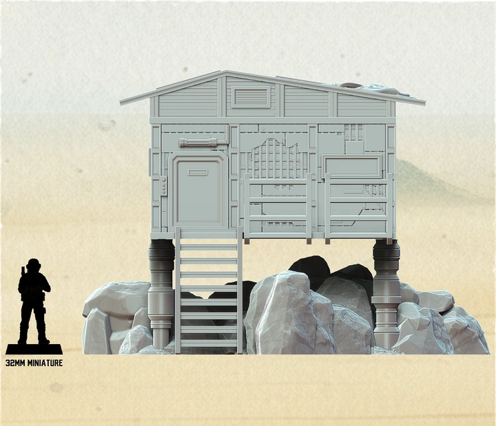 Detailed Star Wars Shatterpoint terrain building with sci-fi frontier architecture