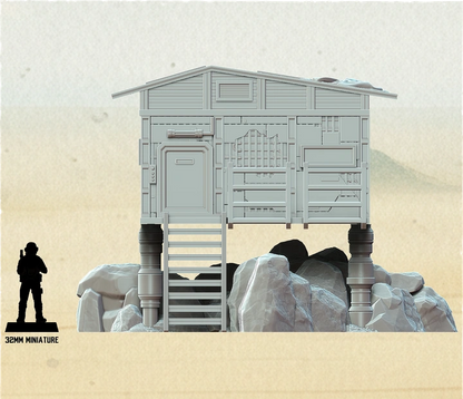 Detailed Star Wars Shatterpoint terrain building with sci-fi frontier architecture