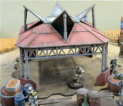 Star Wars Shatterpoint terrain and Star Wars Legion terrain settlement building in tabletop battle scene