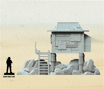 Detailed Star Wars Shatterpoint terrain building with sci-fi frontier architecture