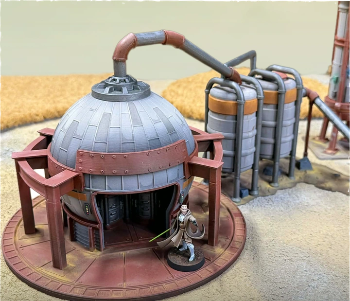 Star Wars Shatterpoint terrain and Star Wars Legion terrain settlement building in tabletop battle scene