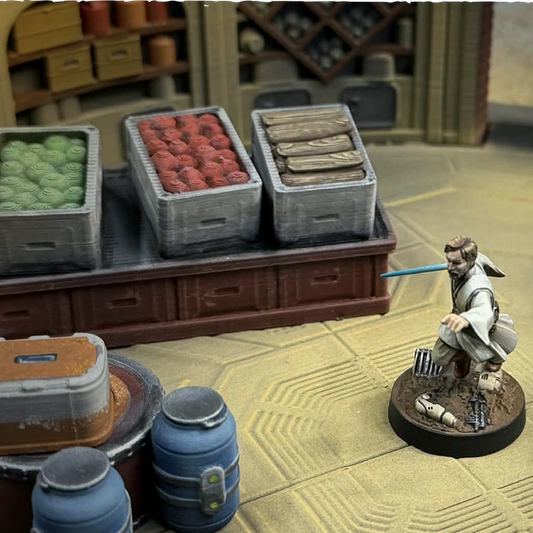 Star Wars Shatterpoint terrain and Star Wars Legion terrain - Miniature figure on a textured surface with crates and containers in the background